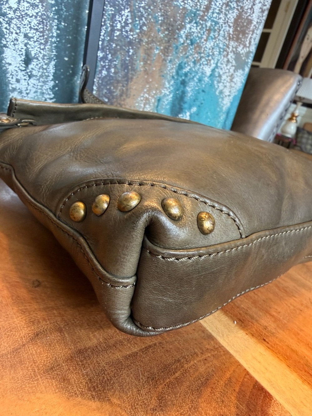 Frye Minimalist Olive Green Leather Studded Crossbody Bag 2010s (GUC) - Picture 9 of 17